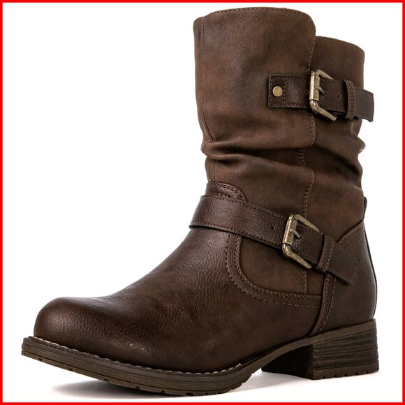 Women's Ankle Boots with Buckles Faux Fur Lined Vegan Leather Size 8